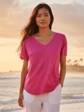 Tahari Shirt Top Tee Tunic Sz 1X 16 18 Pink LINEN V-Neck Coastal Flowy